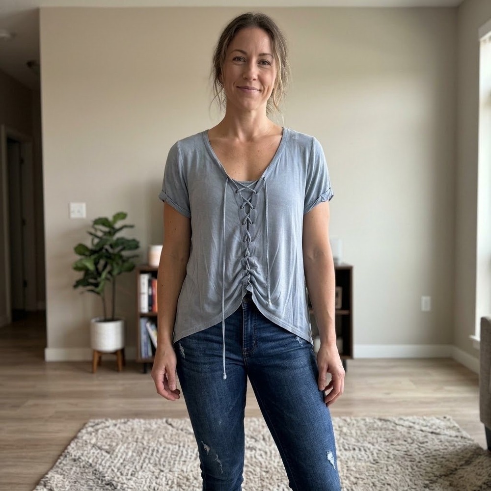 American Eagle Soft & Sexy Blue Lace Up Tie Front Relaxed Fit Tee Shirt XL